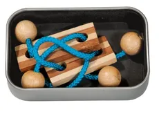 IQ-Test Puzzle Cztery Kulki i Dwie Płytki, niebieski, bambus, sznurek, metalowe pudełko