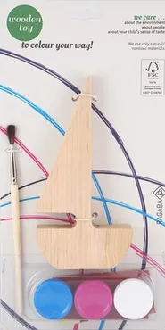Drewniana żaglówka do malowania w zestawie z farbkami, pędzelkiem i papierem ściernym - Outlet