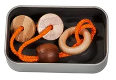 IQ-Test Puzzle Dwie Półkule i Pierścień, pomarańczowy, bambus, sznurek, metalowe pudełko