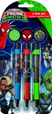 Spiderman 6 zestaw: 3 długopisy + 3 clipsy