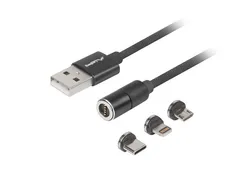 LANBERG KABEL COMBO MAGNETYCZNY USB-A -> USB MICRO(M) + LIGHTNING(M) + USB-C(M) 2.0 1M (CZARNY, QC 3.0) CA-3IN1-20CU-0010-BK