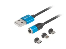 LANBERG KABEL COMBO MAGNETYCZNY USB-A -> USB MICRO(M) + LIGHTNING(M) + USB-C(M) 2.0 1M (NIEB., QC 3.0) CA-3IN1-20CU-0010-BL