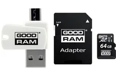 Karta pamięci z adapterem i czytnikiem kart GoodRam All in one M1A4-0640R12 (64GB; Class 10; Adapter, Czytnik kart MicroSDHC, Karta pamięci)